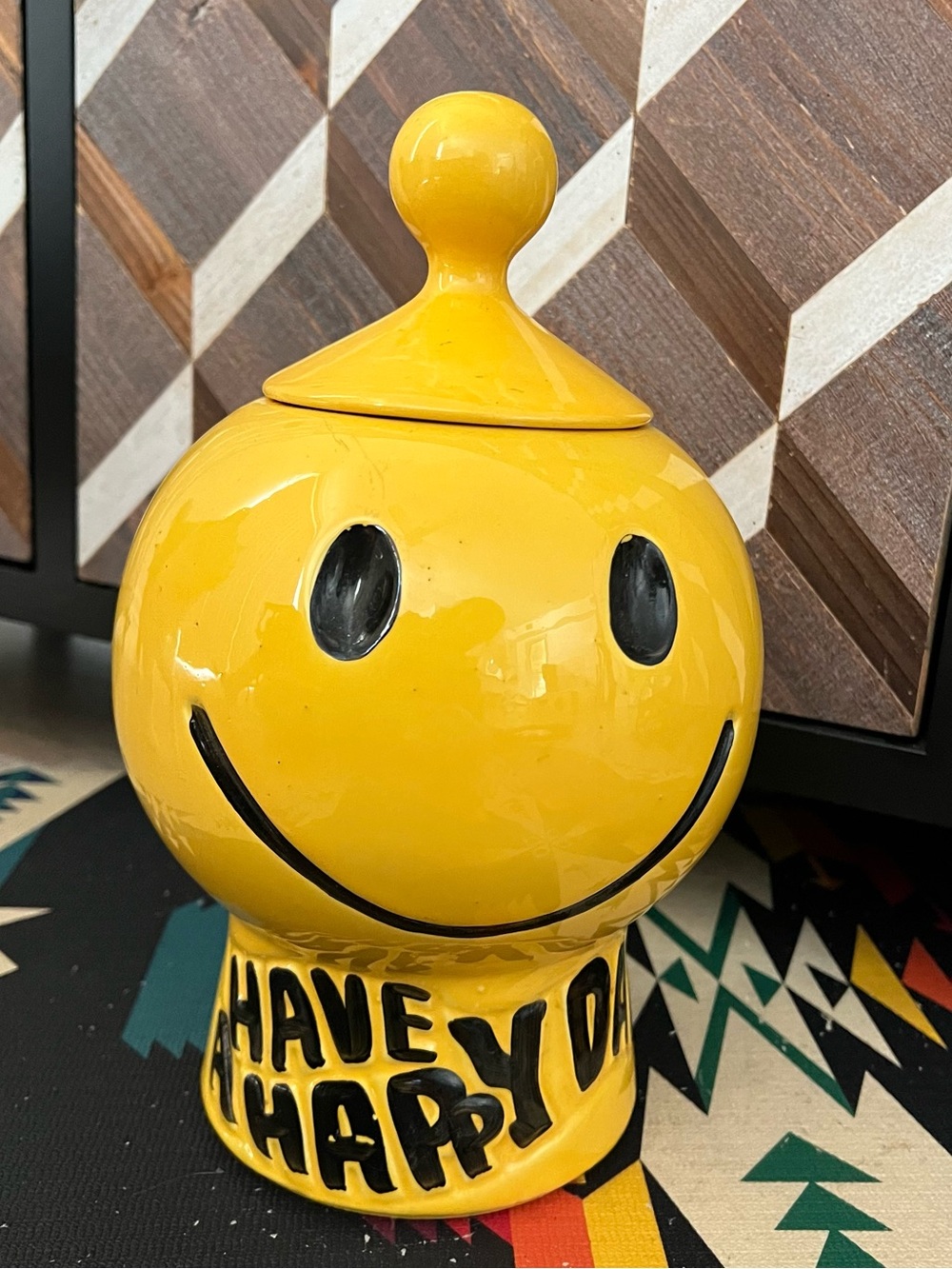 Vintage 1970s McCoy Pottery Have A Happy Day Smiley Face Cookie Jar & Lid Yellow